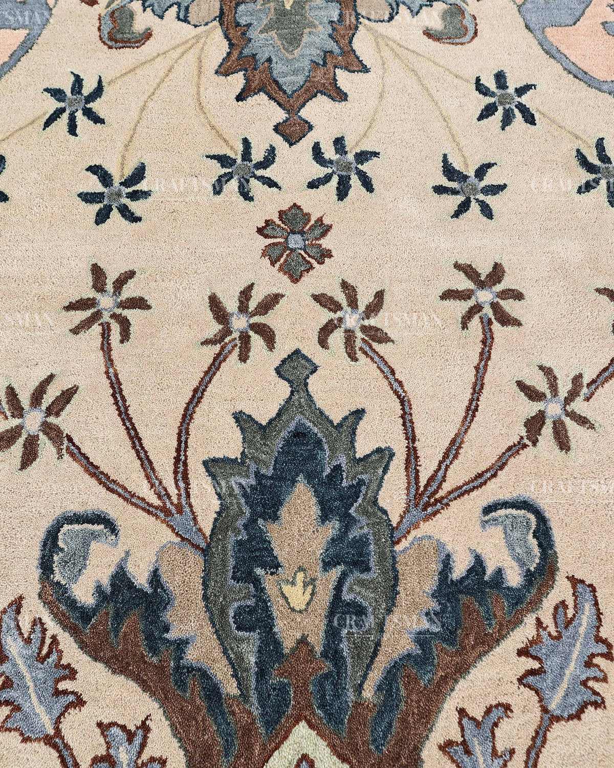 Hand Tufted Oushak Rug, Traditional Persian Floral Area Rug, Ivory Blue and Brown Vintage Style Carpet