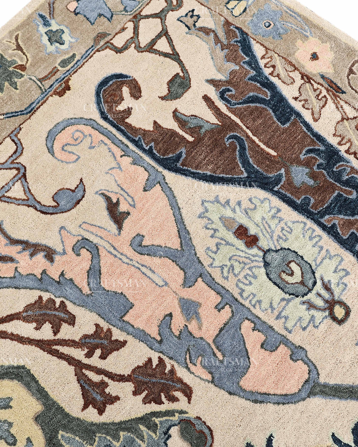 Hand Tufted Oushak Rug, Traditional Persian Floral Area Rug, Ivory Blue and Brown Vintage Style Carpet