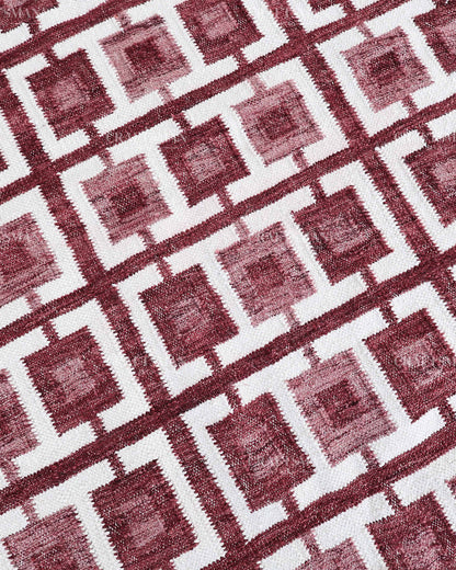 Handmade Burgundy Flatweave Dhurrie Rug, Maroon & Ivory Geometric Area Rug, Traditional Striped Carpet