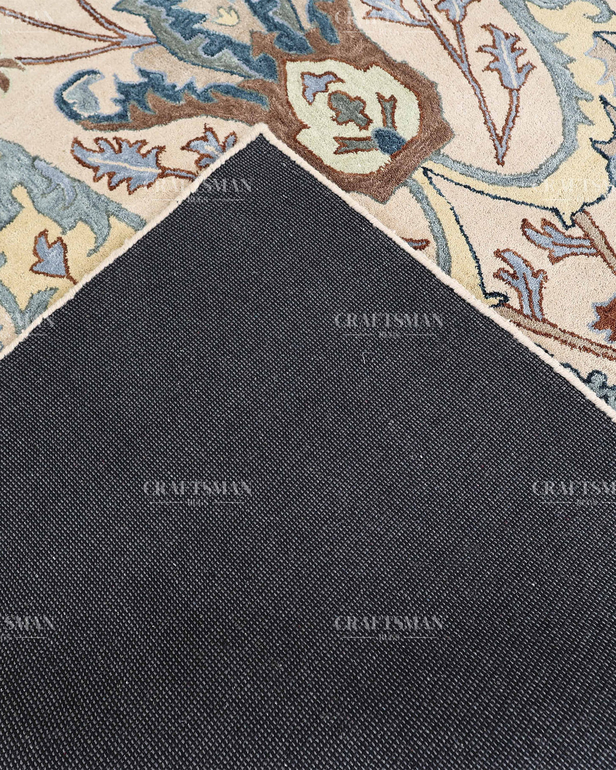 Hand Tufted Oushak Rug, Traditional Persian Floral Area Rug, Ivory Blue and Brown Vintage Style Carpet