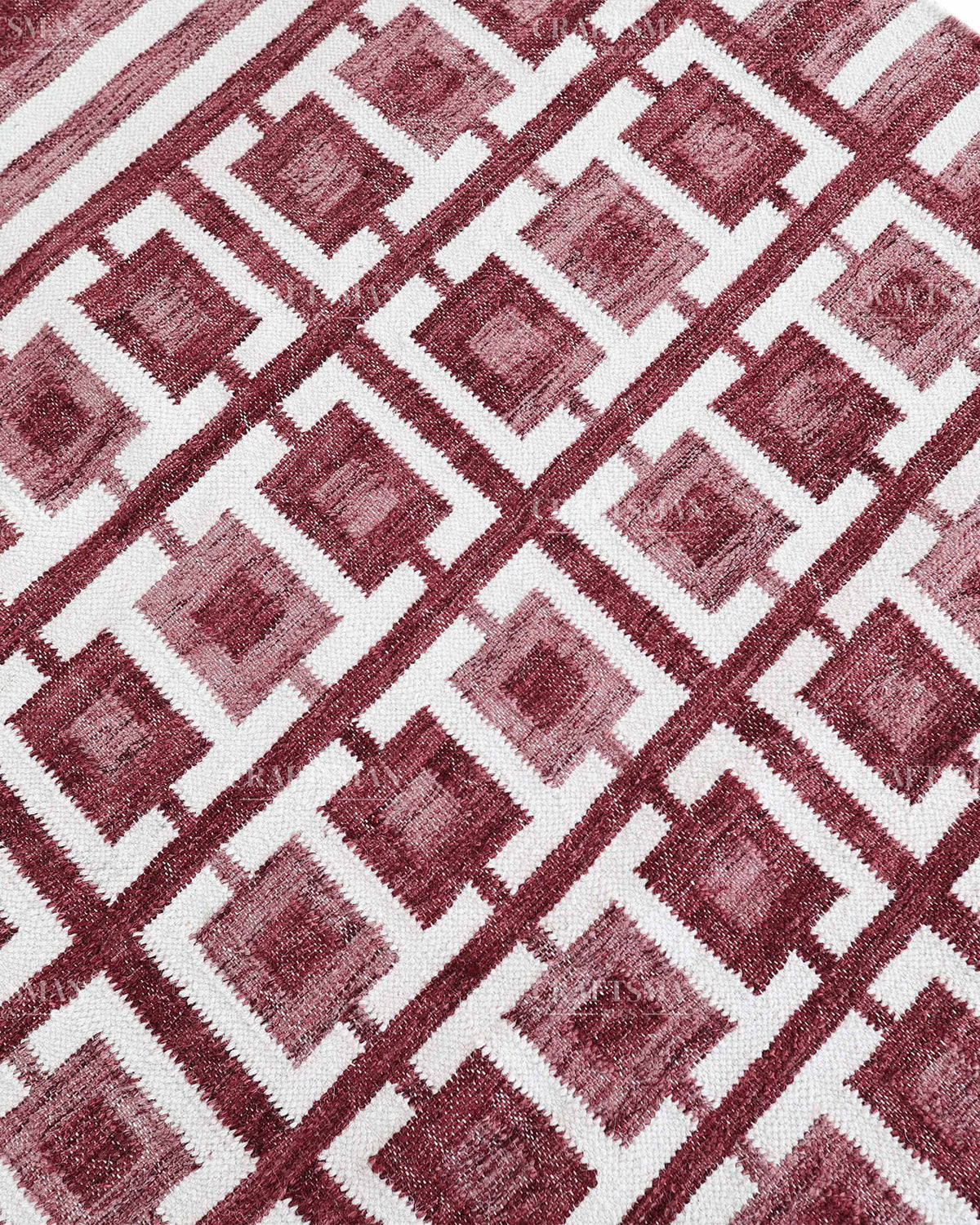 Handmade Burgundy Flatweave Dhurrie Rug, Maroon & Ivory Geometric Area Rug, Traditional Striped Carpet
