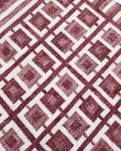 Handmade Burgundy Flatweave Dhurrie Rug, Maroon & Ivory Geometric Area Rug, Traditional Striped Carpet
