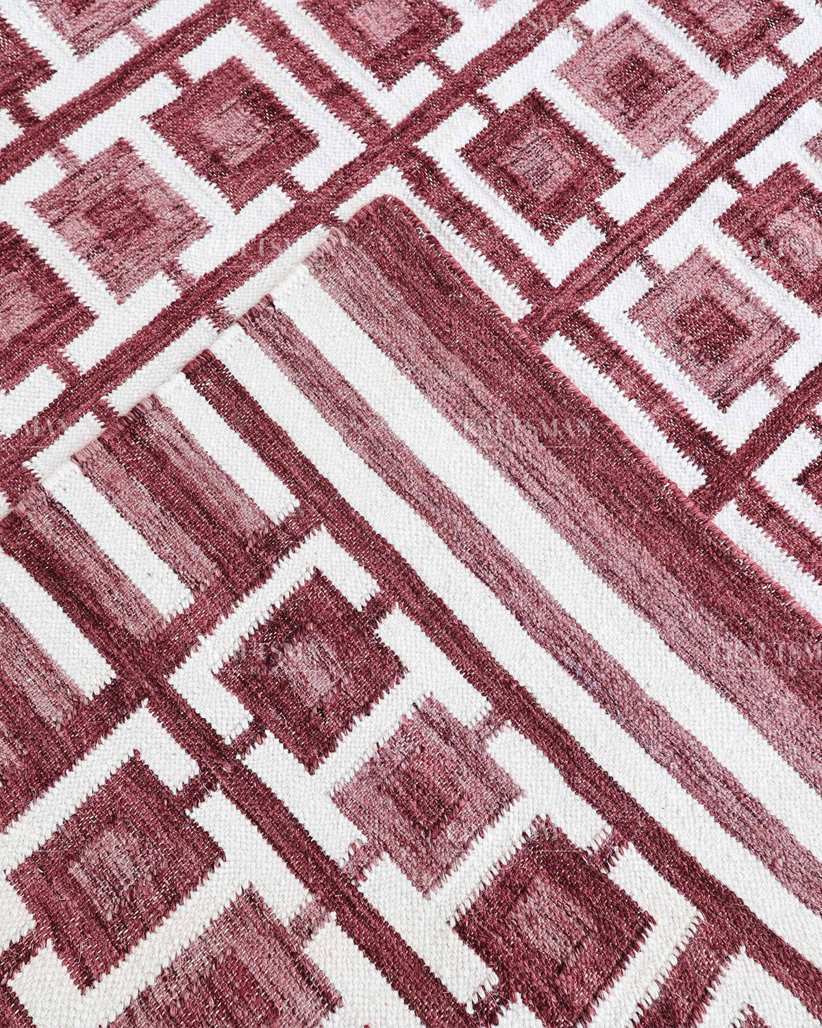Handmade Burgundy Flatweave Dhurrie Rug, Maroon & Ivory Geometric Area Rug, Traditional Striped Carpet