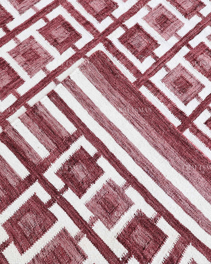 Handmade Burgundy Flatweave Dhurrie Rug, Maroon & Ivory Geometric Area Rug, Traditional Striped Carpet