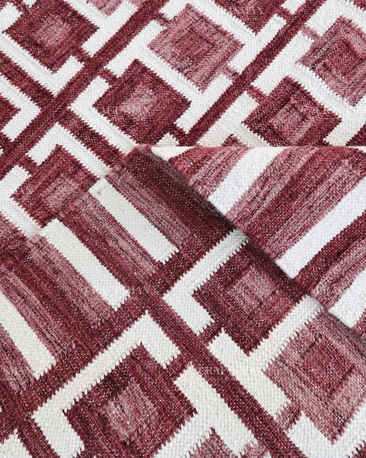 Handmade Burgundy Flatweave Dhurrie Rug, Maroon & Ivory Geometric Area Rug, Traditional Striped Carpet
