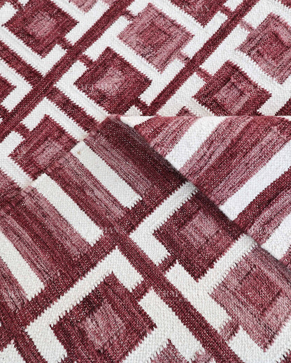 Handmade Burgundy Flatweave Dhurrie Rug, Maroon & Ivory Geometric Area Rug, Traditional Striped Carpet