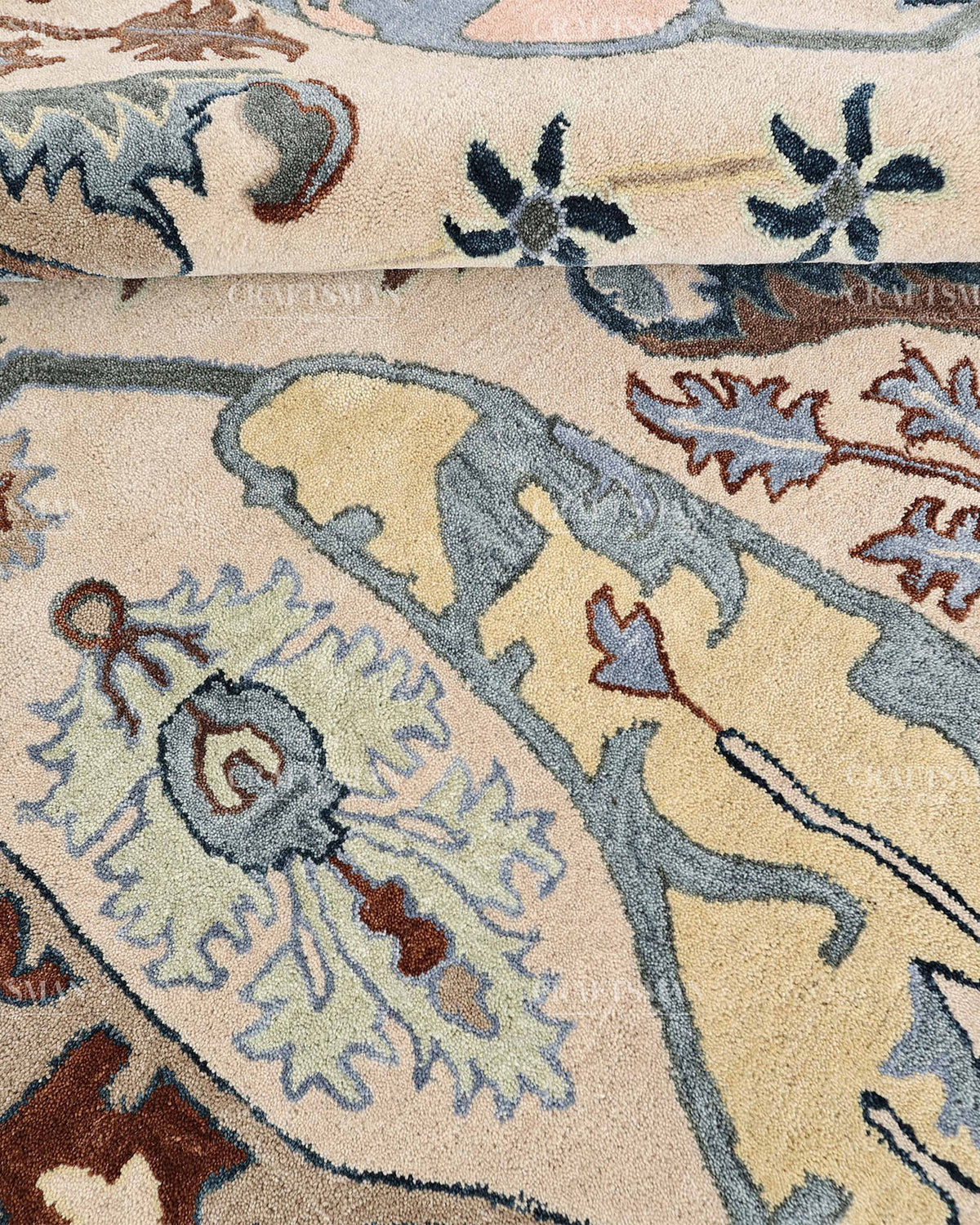 Hand Tufted Oushak Rug, Traditional Persian Floral Area Rug, Ivory Blue and Brown Vintage Style Carpet