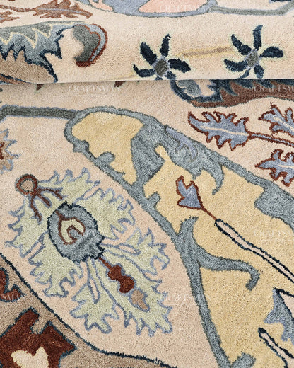 Hand Tufted Oushak Rug, Traditional Persian Floral Area Rug, Ivory Blue and Brown Vintage Style Carpet