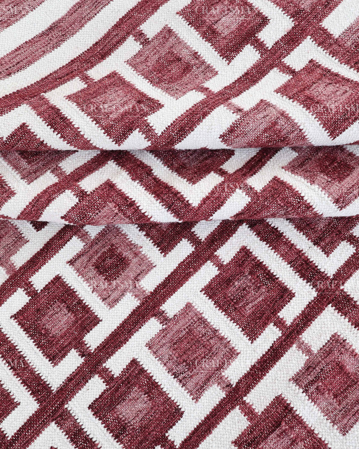 Handmade Burgundy Flatweave Dhurrie Rug, Maroon & Ivory Geometric Area Rug, Traditional Striped Carpet
