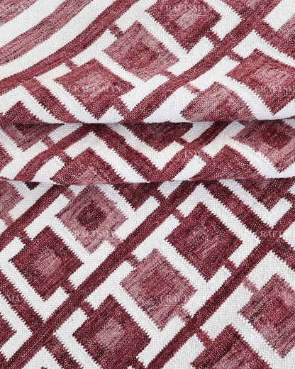 Handmade Burgundy Flatweave Dhurrie Rug, Maroon & Ivory Geometric Area Rug, Traditional Striped Carpet