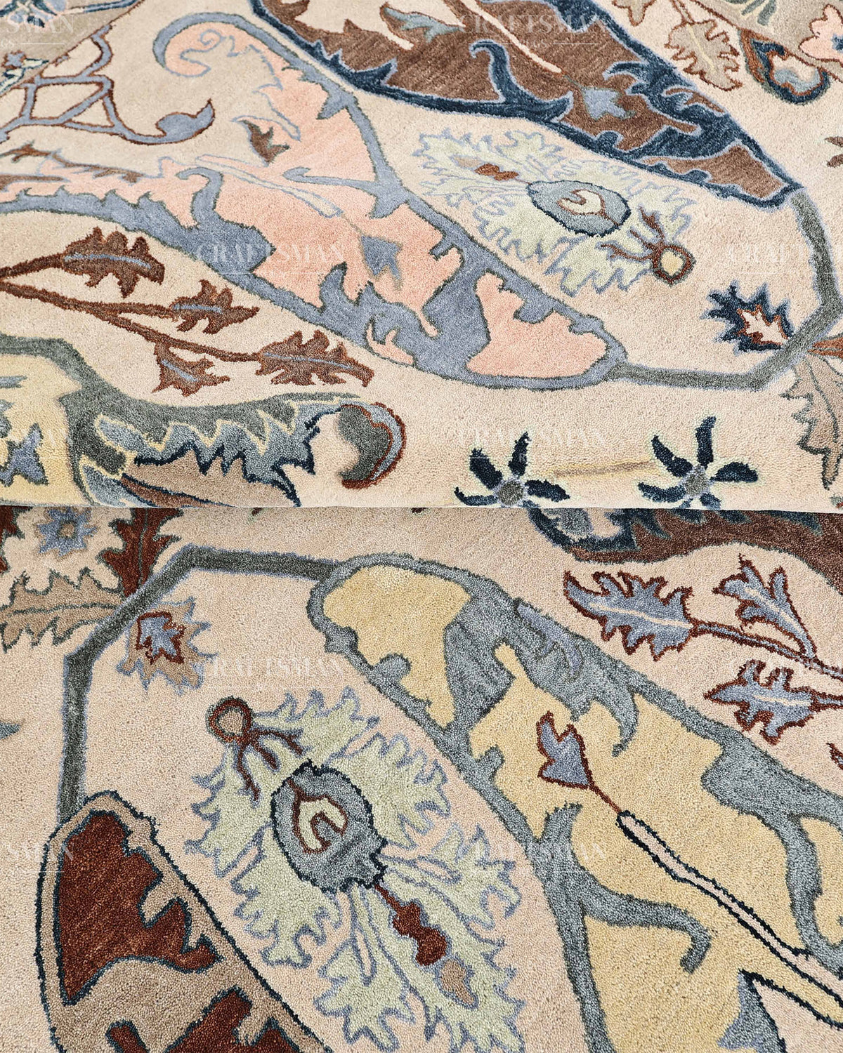 Hand Tufted Oushak Rug, Traditional Persian Floral Area Rug, Ivory Blue and Brown Vintage Style Carpet