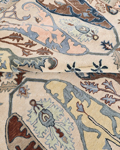 Hand Tufted Oushak Rug, Traditional Persian Floral Area Rug, Ivory Blue and Brown Vintage Style Carpet