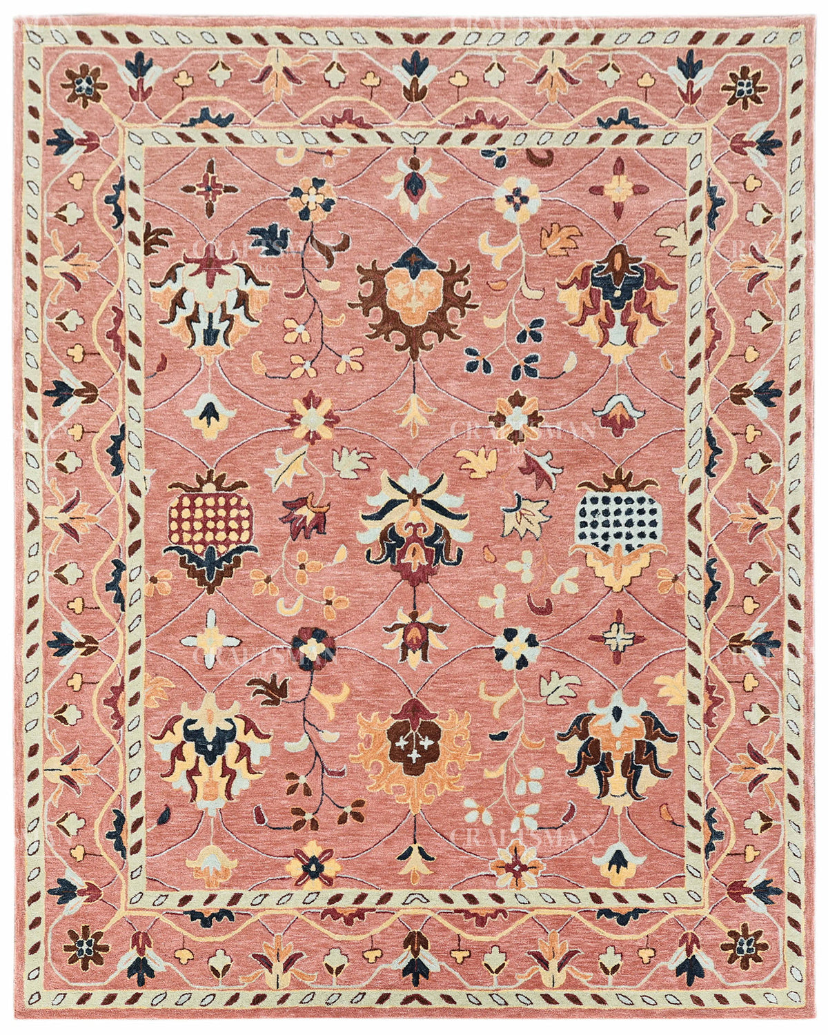 Hand Tufted Pink Oushak Rug, Traditional Floral Wool Area Rug, Persian Style Carpet with Ivory Border
