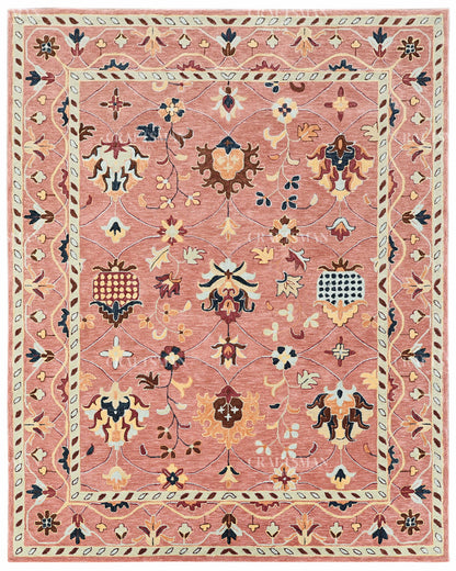 Hand Tufted Pink Oushak Rug 8x10 ft In Stock, Vintage Floral Area Rug with Ivory, Navy Blue & Brown Botanical Patterns