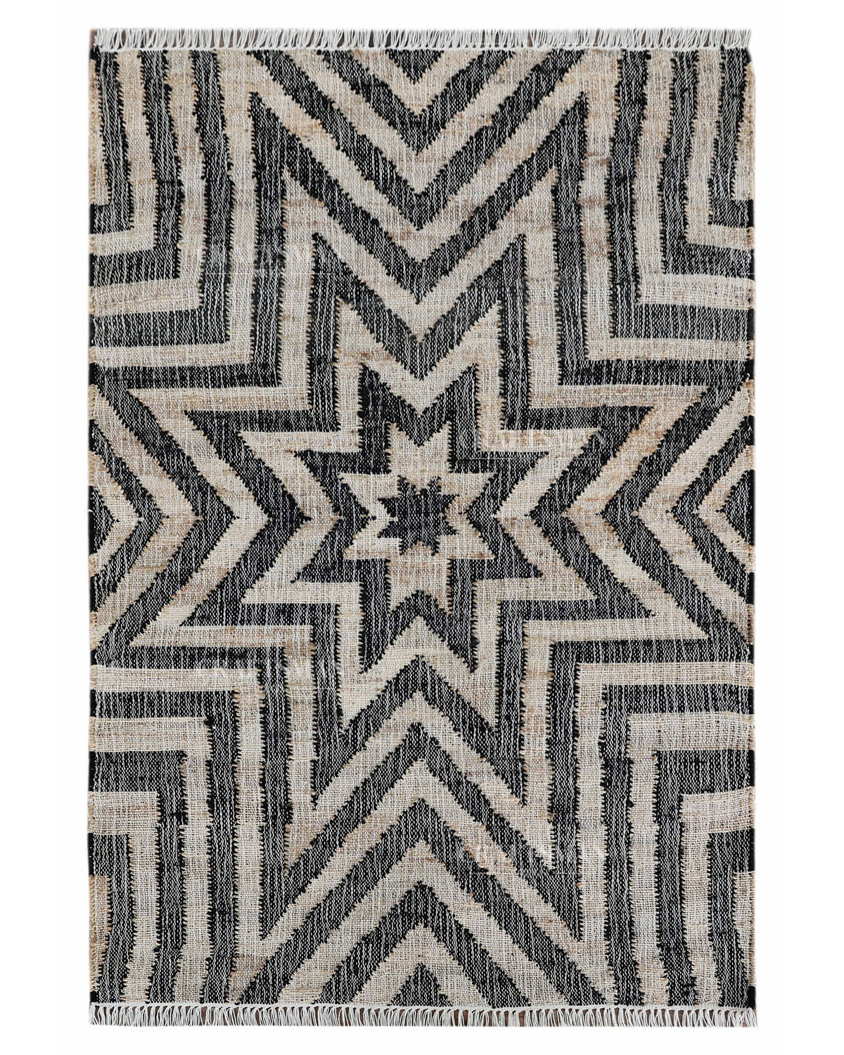 Handmade Black & Beige Jute Rug, Geometric Star Pattern Handwoven Area Rug, Modern Boho Natural Fiber Carpet
