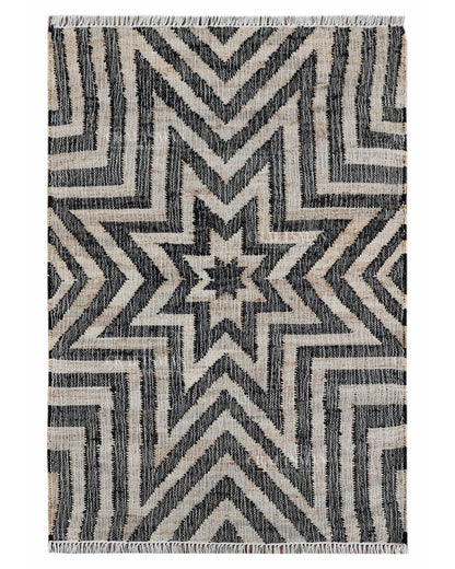 Handmade Black & Beige Jute Rug, Geometric Star Pattern Handwoven Area Rug, Modern Boho Natural Fiber Carpet
