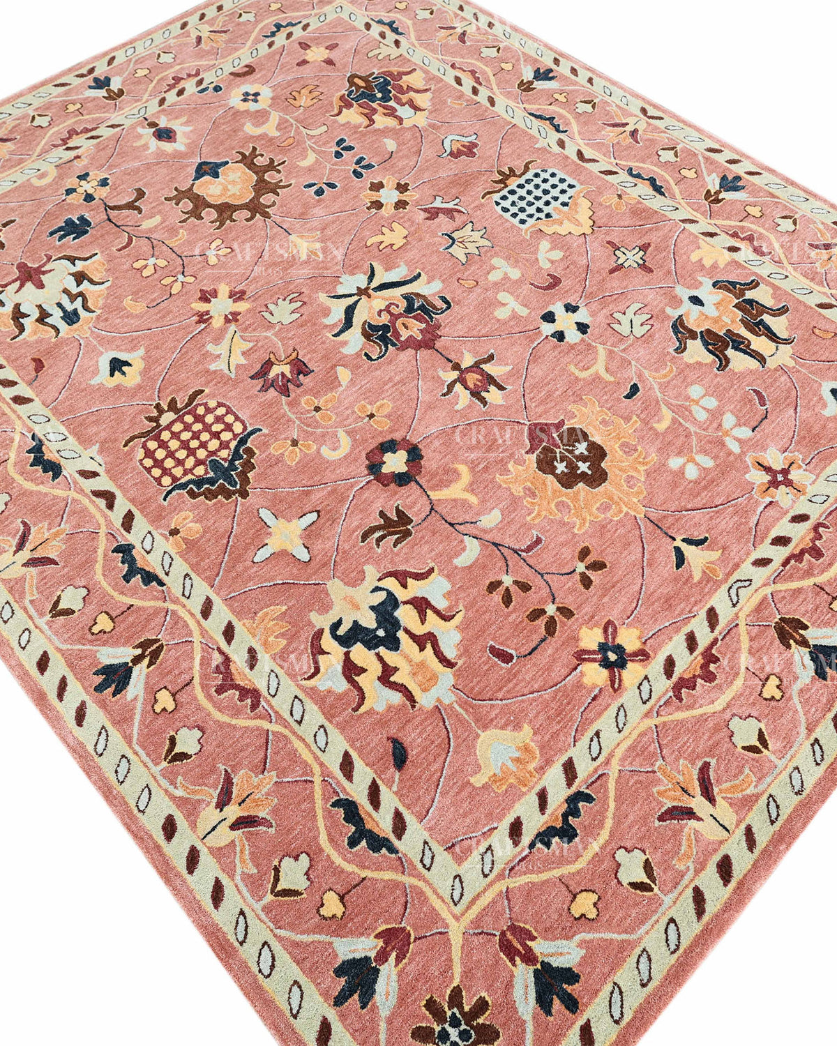 Hand Tufted Pink Oushak Rug, Traditional Floral Wool Area Rug, Persian Style Carpet with Ivory Border