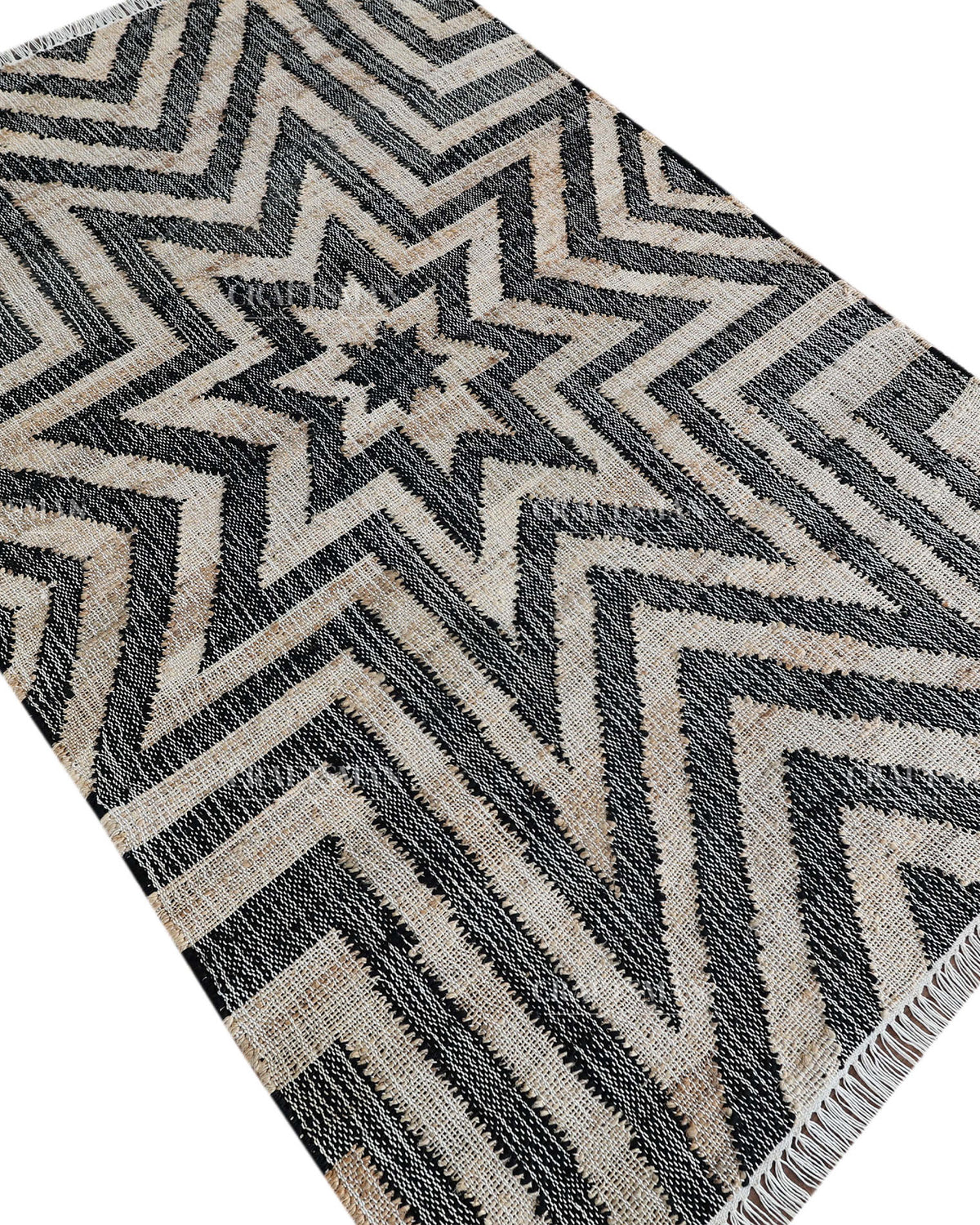 Handmade Black & Beige Jute Rug, Geometric Star Pattern Handwoven Area Rug, Modern Boho Natural Fiber Carpet