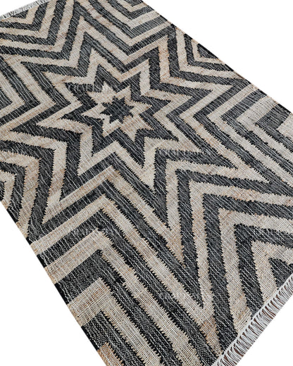 Handmade Black & Beige Jute Rug, Geometric Star Pattern Handwoven Area Rug, Modern Boho Natural Fiber Carpet
