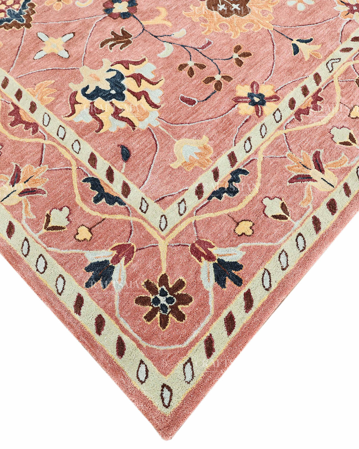 Hand Tufted Pink Oushak Rug, Traditional Floral Wool Area Rug, Persian Style Carpet with Ivory Border
