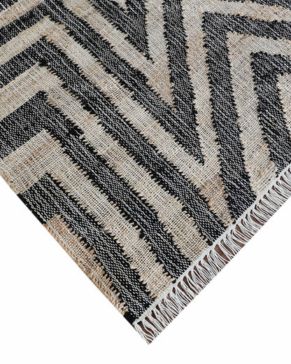 Handmade Black & Beige Jute Rug, Geometric Star Pattern Handwoven Area Rug, Modern Boho Natural Fiber Carpet