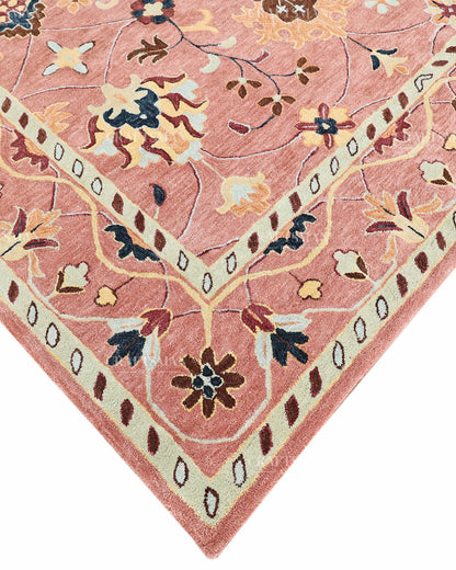 Hand Tufted Pink Oushak Rug 8x10 ft In Stock, Vintage Floral Area Rug with Ivory, Navy Blue & Brown Botanical Patterns
