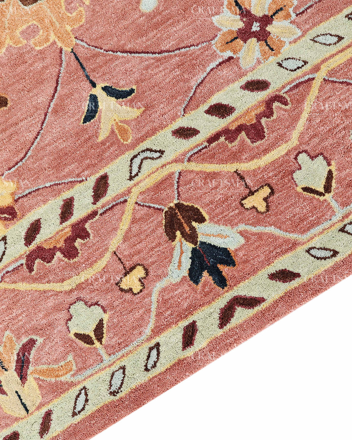 Hand Tufted Pink Oushak Rug, Traditional Floral Wool Area Rug, Persian Style Carpet with Ivory Border