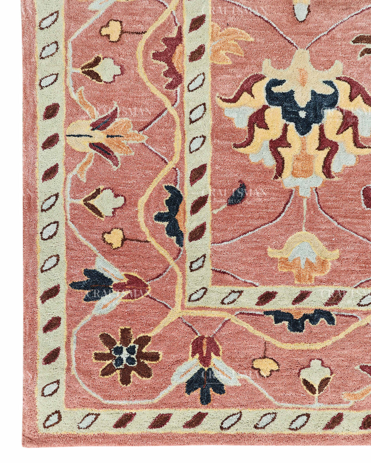 Hand Tufted Pink Oushak Rug, Traditional Floral Wool Area Rug, Persian Style Carpet with Ivory Border