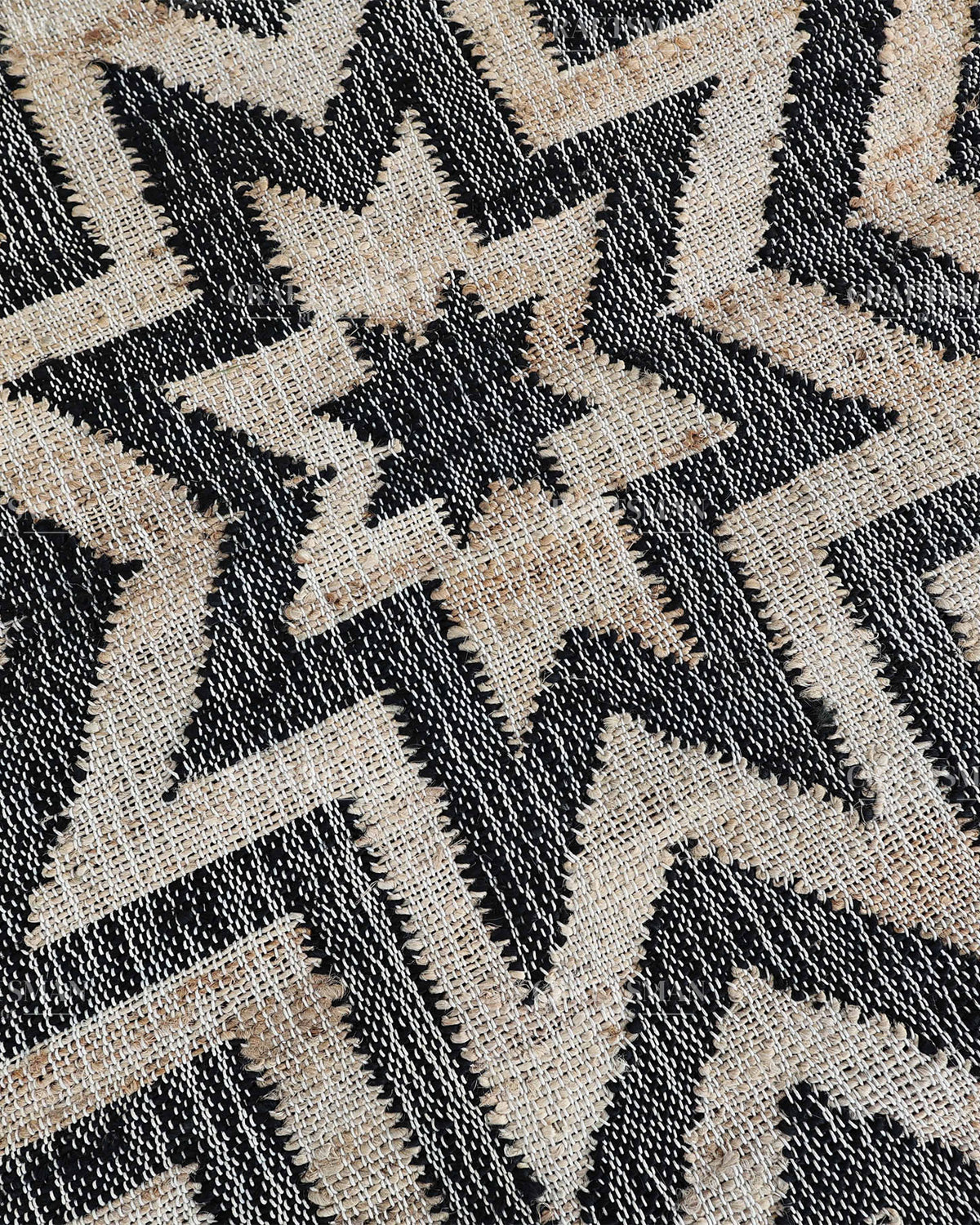 Handmade Black & Beige Jute Rug, Geometric Star Pattern Handwoven Area Rug, Modern Boho Natural Fiber Carpet