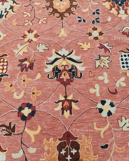 Hand Tufted Pink Oushak Rug, Traditional Floral Wool Area Rug, Persian Style Carpet with Ivory Border
