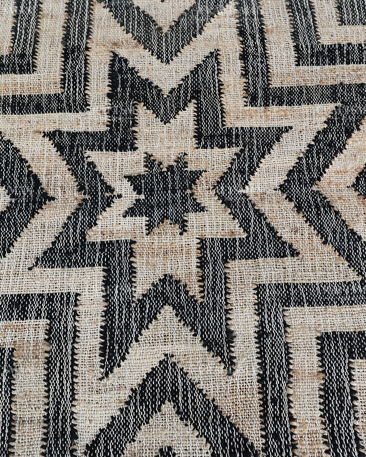 Handmade Black & Beige Jute Rug, Geometric Star Pattern Handwoven Area Rug, Modern Boho Natural Fiber Carpet