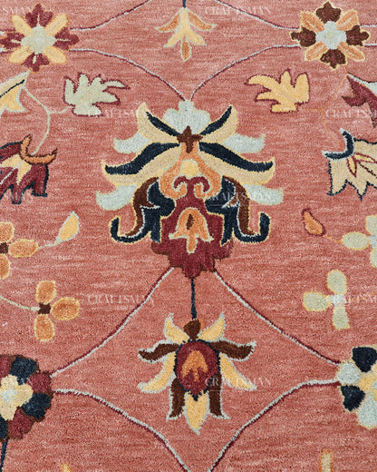 Hand Tufted Pink Oushak Rug, Traditional Floral Wool Area Rug, Persian Style Carpet with Ivory Border