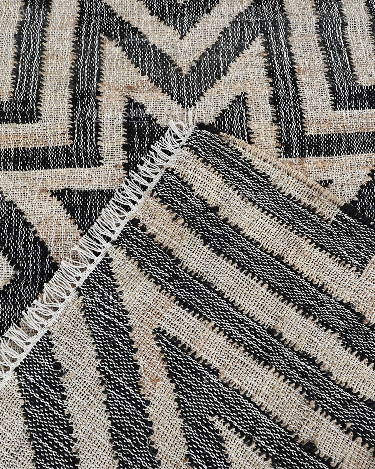 Handmade Black & Beige Jute Rug, Geometric Star Pattern Handwoven Area Rug, Modern Boho Natural Fiber Carpet