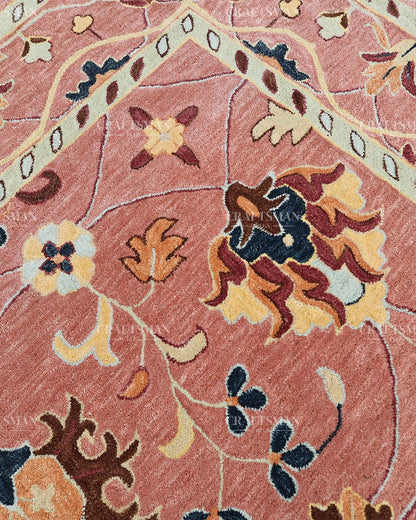 Hand Tufted Pink Oushak Rug, Traditional Floral Wool Area Rug, Persian Style Carpet with Ivory Border