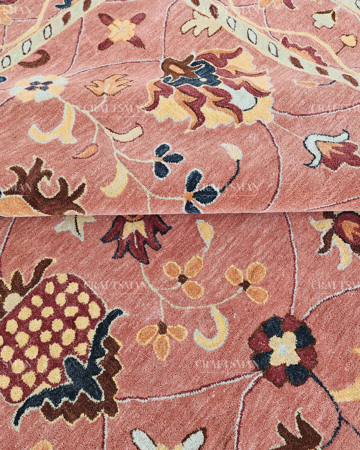 Hand Tufted Pink Oushak Rug 8x10 ft In Stock, Vintage Floral Area Rug with Ivory, Navy Blue & Brown Botanical Patterns