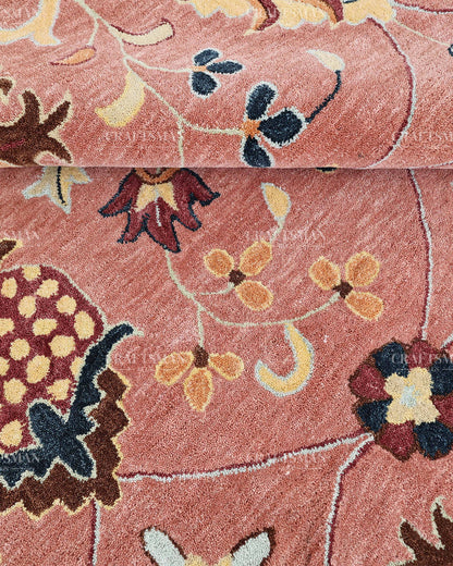 Hand Tufted Pink Oushak Rug, Traditional Floral Wool Area Rug, Persian Style Carpet with Ivory Border