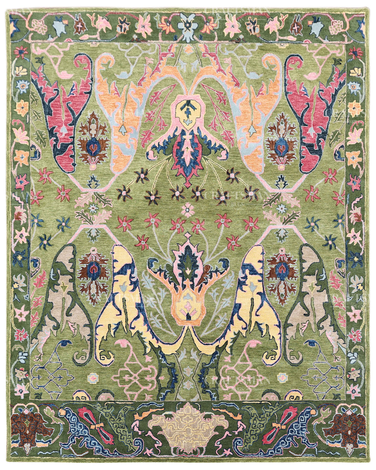 Hand Tufted Olive Green Oushak Rug, Traditional Floral Area Rug, Multicolor Persian Style Carpet