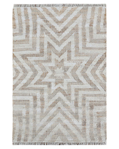 Handmade Beige & Ivory Jute Rug, Geometric Star Pattern Natural Fiber Area Rug, Neutral Boho Handwoven Carpet