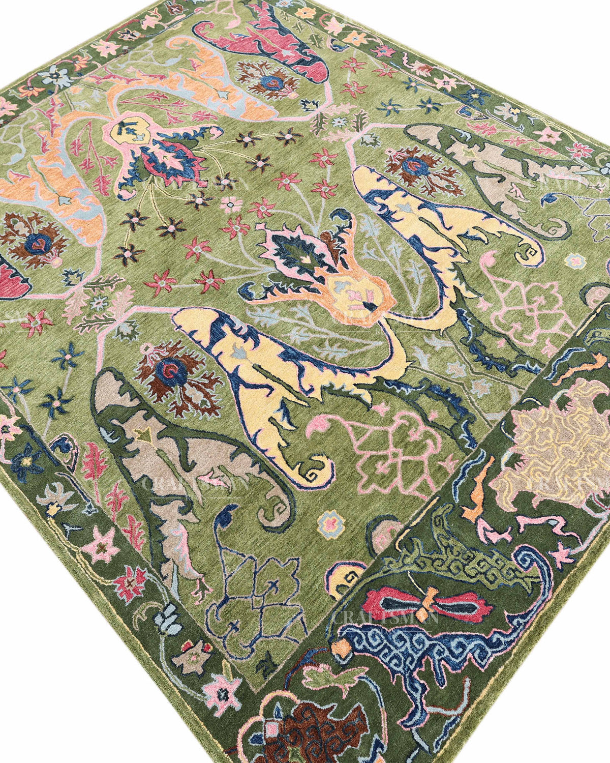 Hand Tufted Olive Green Oushak Rug, Traditional Floral Area Rug, Multicolor Persian Style Carpet