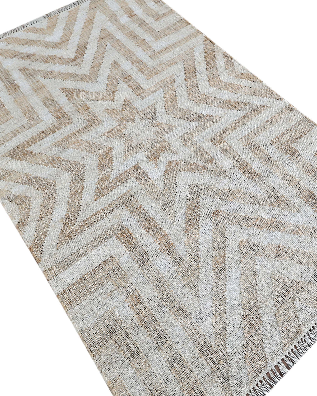 Handmade Beige & Ivory Jute Rug, Geometric Star Pattern Natural Fiber Area Rug, Neutral Boho Handwoven Carpet