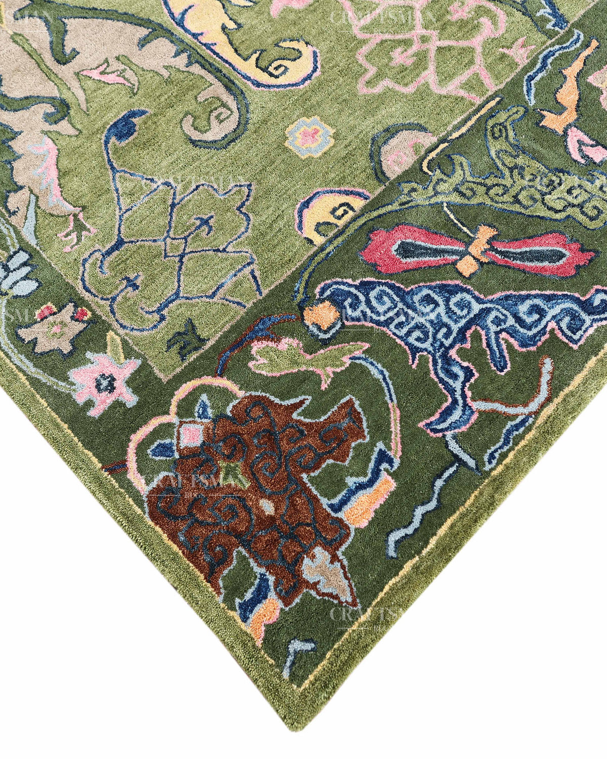 Hand Tufted Olive Green Oushak Rug, Traditional Floral Area Rug, Multicolor Persian Style Carpet