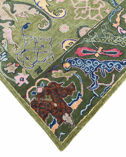 Hand Tufted Olive Green Oushak Rug, Traditional Floral Area Rug, Multicolor Persian Style Carpet