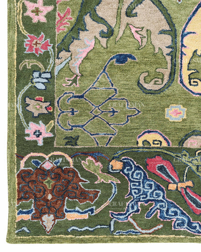 Hand Tufted Olive Green Oushak Rug, Traditional Floral Area Rug, Multicolor Persian Style Carpet