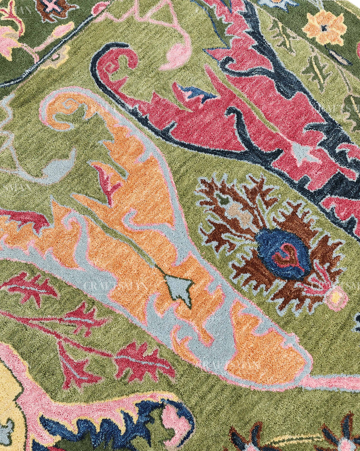 Hand Tufted Olive Green Oushak Rug, Traditional Floral Area Rug, Multicolor Persian Style Carpet