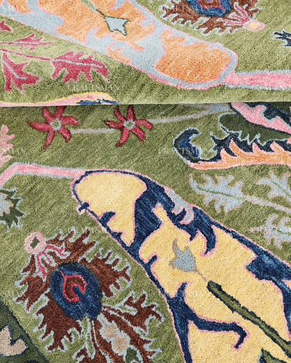Hand Tufted Olive Green Oushak Rug, Traditional Floral Area Rug, Multicolor Persian Style Carpet