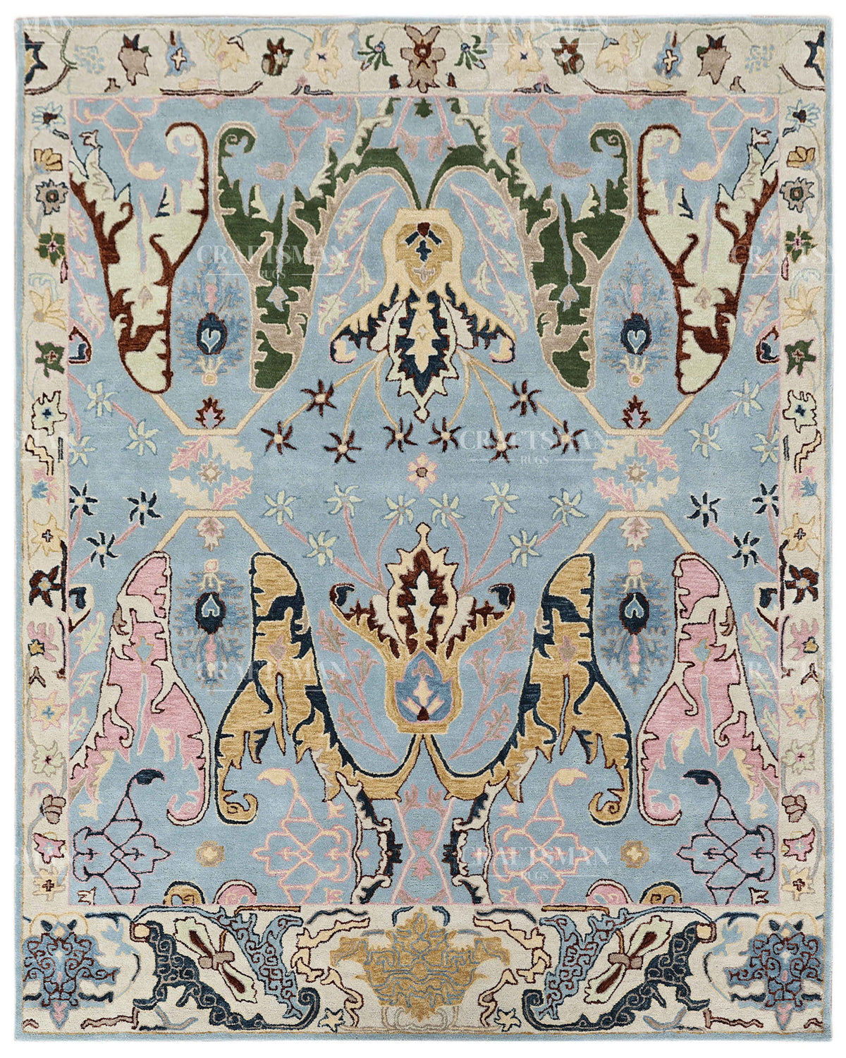 Hand Tufted Light Blue Oushak Rug, Traditional Floral Area Rug, Persian Style Carpet with Ivory Border