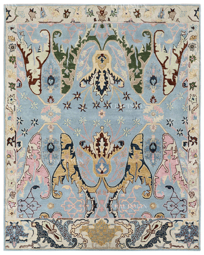 Hand Tufted Light Blue Oushak Rug, Traditional Floral Area Rug, Persian Style Carpet with Ivory Border