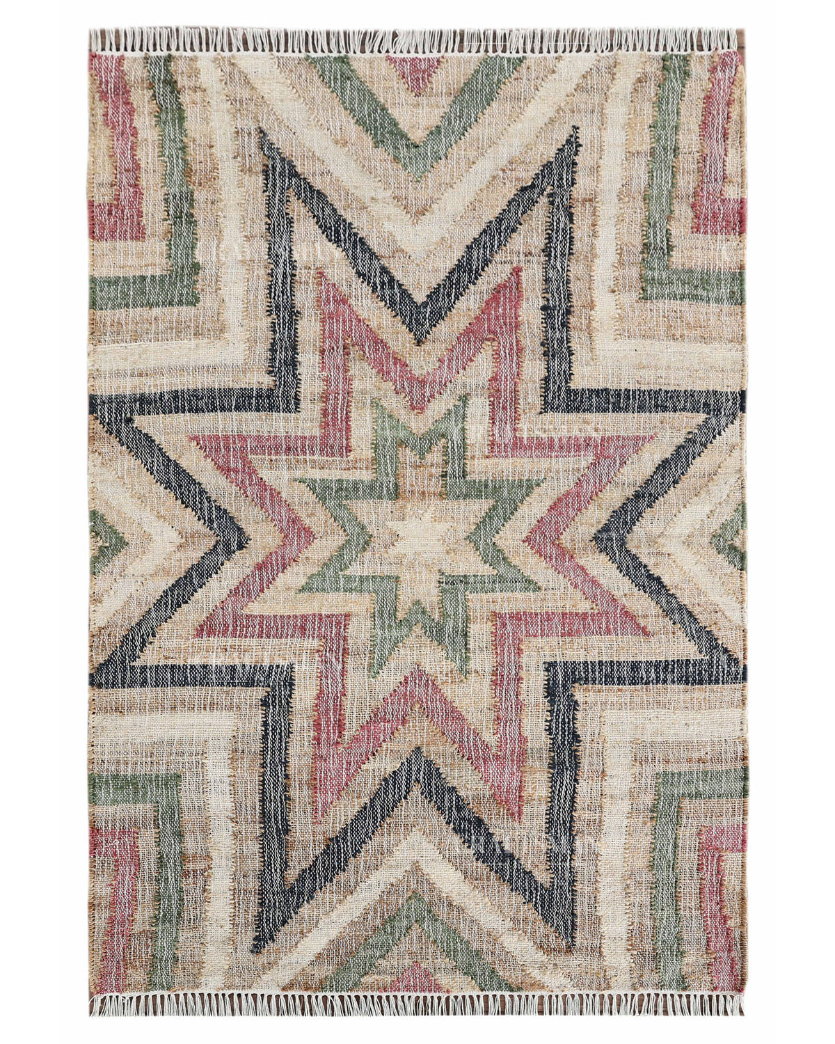 Handmade Multicolor Jute Rug, Geometric Star Pattern Area Rug, Beige Red Green & Black Boho Natural Fiber Carpet