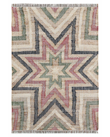Handmade Multicolor Jute Rug, Geometric Star Pattern Area Rug, Beige Red Green & Black Boho Natural Fiber Carpet