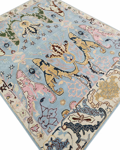 Hand Tufted Light Blue Oushak Rug, Traditional Floral Area Rug, Persian Style Carpet with Ivory Border